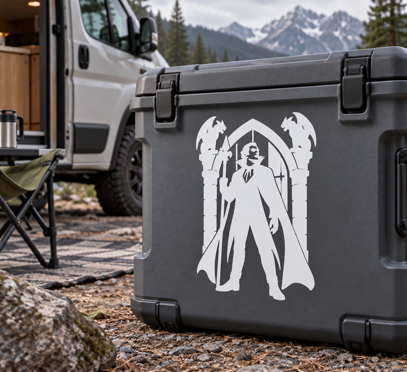 Vampire guardian vinyl decal with arched figure and two winged bat silhouettes