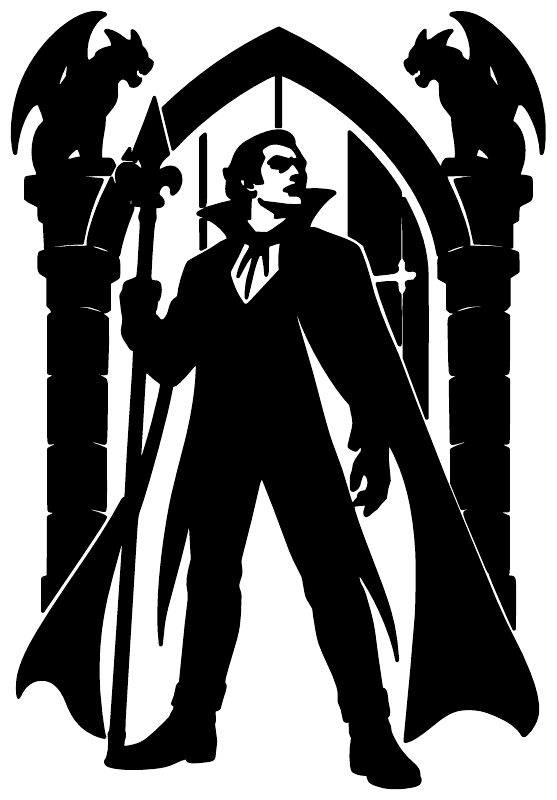 Black vampire guardian vinyl decal with central arched hooded figure and two bats