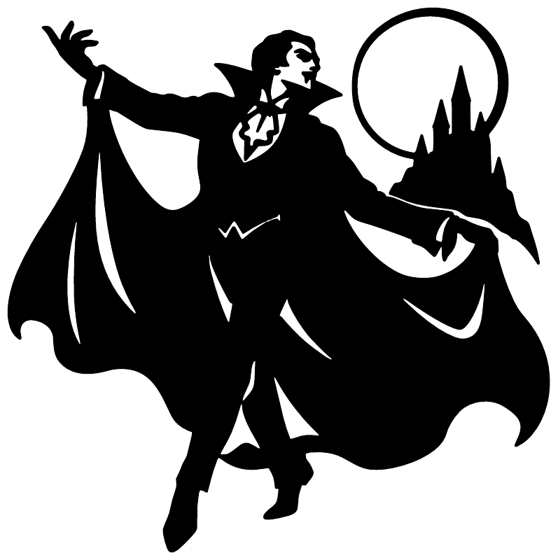 Black vampire vinyl wall decal silhouette with flowing cape and halo circle