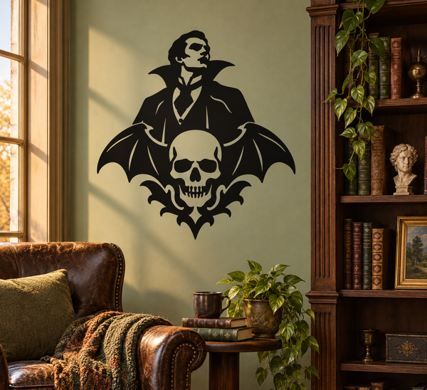 Skull and bat crest vinyl decal with vampire figure, black silhouette