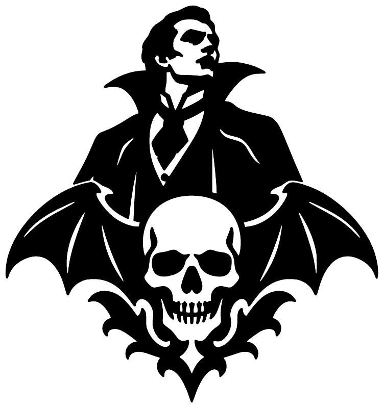 Skull and bat crest vinyl decal featuring vampire face and skull, bold black design