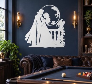 White vinyl wall decal pair with vampire and woman silhouette under moon, gothic style