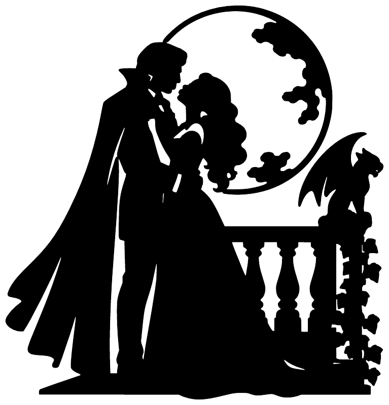 Black vinyl wall decal pair close-up with vampire couple silhouette beneath moon