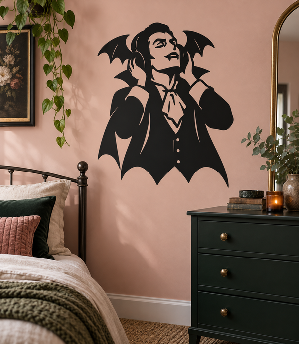 Bat-wing vampire vinyl decal with black headphones silhouette on a wall