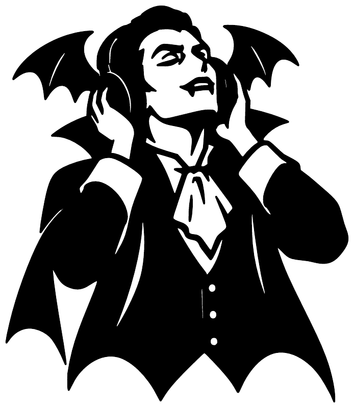 Bat-wing vampire vinyl decal with headphones, black silhouette close-up