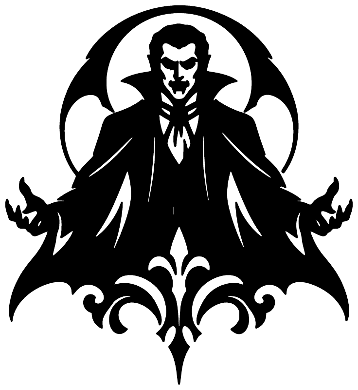 Black vampire broad-fang emblem vinyl decal with ornate fleur-de-lis bottom