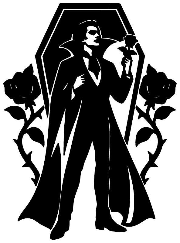 Vinyl decal crest silhouette of crowned vampire with roses, gothic octagon frame