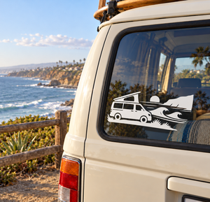 Vinyl decal for van window: black-and-white camper van with wave and grass graphic