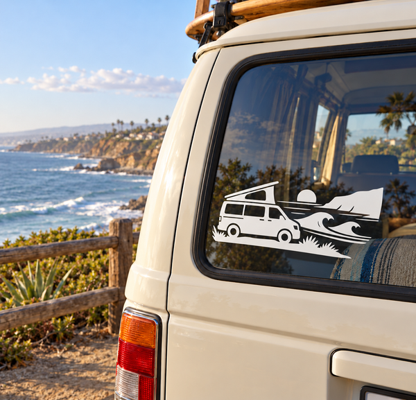 Vinyl decal for van window: black-and-white camper van with wave and grass graphic
