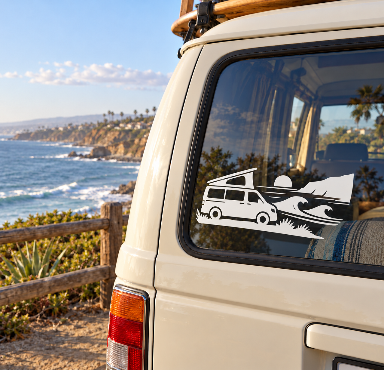Vinyl decal for van window: black-and-white camper van with wave and grass graphic