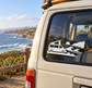 Vinyl decal for van window: black-and-white camper van with wave and grass graphic