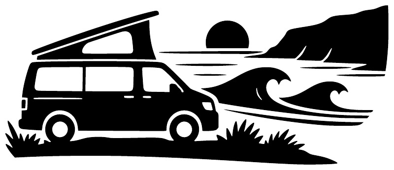 Black vinyl decal of camper van with waves, swirls, and grass graphic