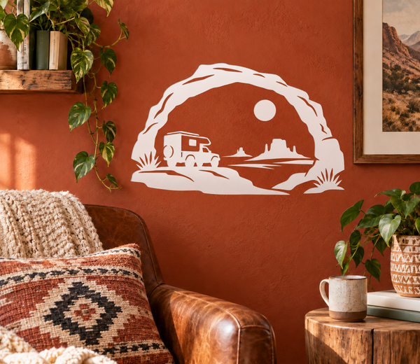 Vinyl decal of white van with moon over desert landscape