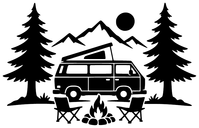 Forest camping vinyl decal graphic: camper, campfire, mountains, moon, pine trees