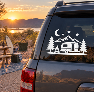 Night sky camper vinyl decal on van window: moon, stars, mountains, trees, camper
