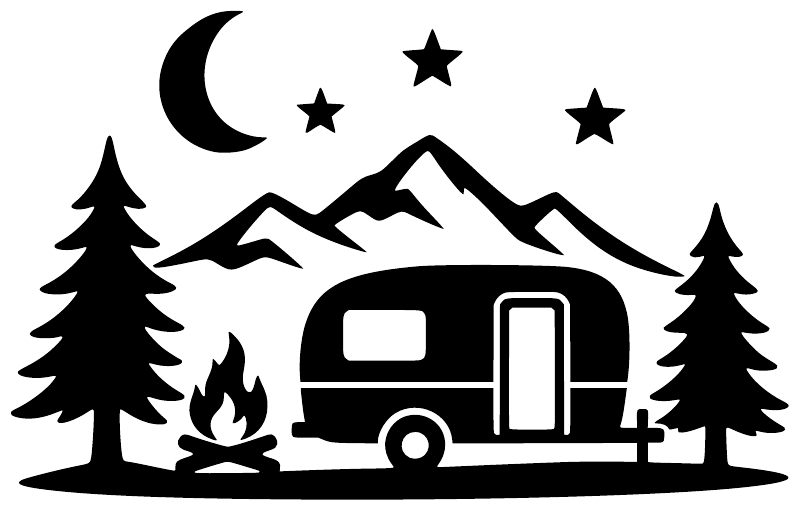 Night sky camper vinyl decal design: crescent moon, stars, mountains, pine trees, camper