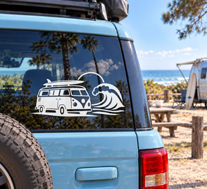 White vinyl surf van and wave decal for vehicle window