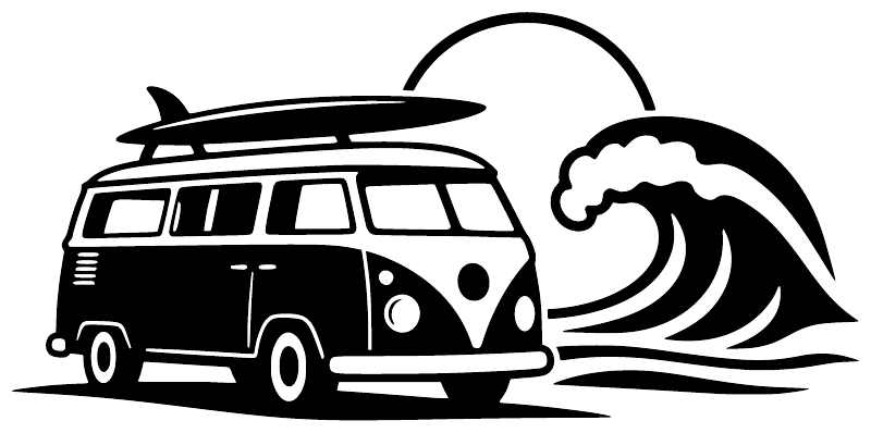 Black surf van with surfboard and wave graphic vinyl decal