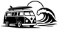 Black surf van with surfboard and wave graphic vinyl decal
