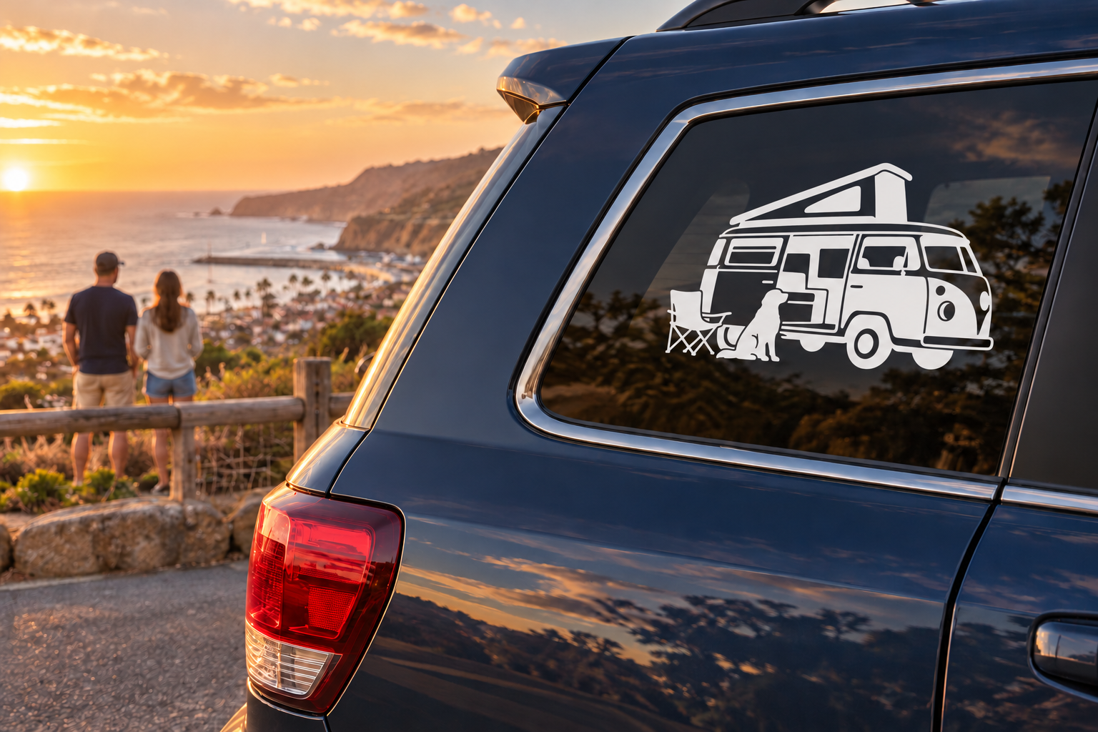 Dog and camper van vinyl decal on vehicle window, white and black camper graphic