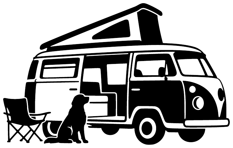 Dog and camper van vinyl decal logo, black and white outline with camping chair