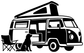 Dog and camper van vinyl decal logo, black and white outline with camping chair