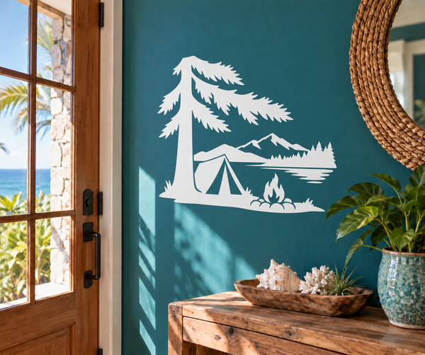 Vinyl camping decal with pine tree, mountains, tent and campfire motif, white design