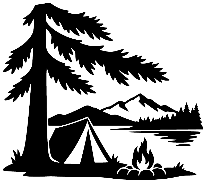 Vinyl camping decal with pine tree, mountains, tent and campfire motif, black design