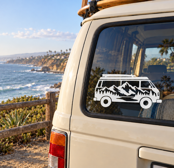 Rolling Mountain Home van vinyl decal with black-and-white mountain and forest scene