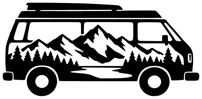Black-and-white mountain landscape van vinyl decal, front side view silhouette