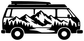 Black-and-white mountain landscape van vinyl decal, front side view silhouette