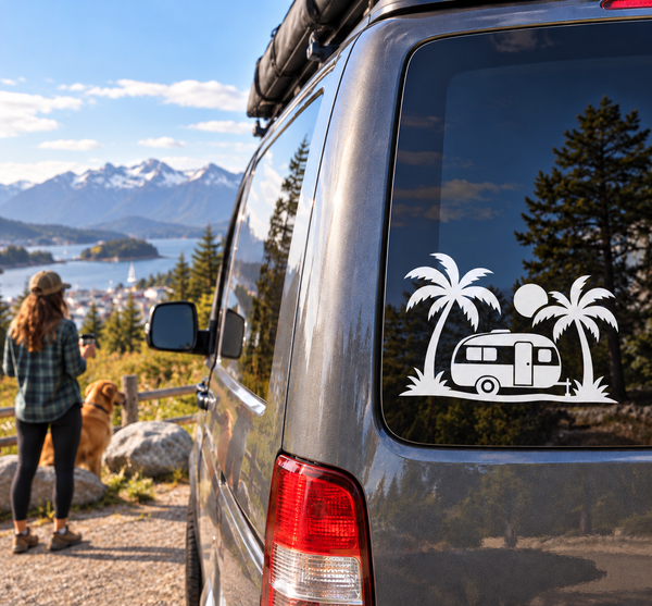 Palm Coast van vinyl decal with camper trailer, palm trees, and desert scene on rear window