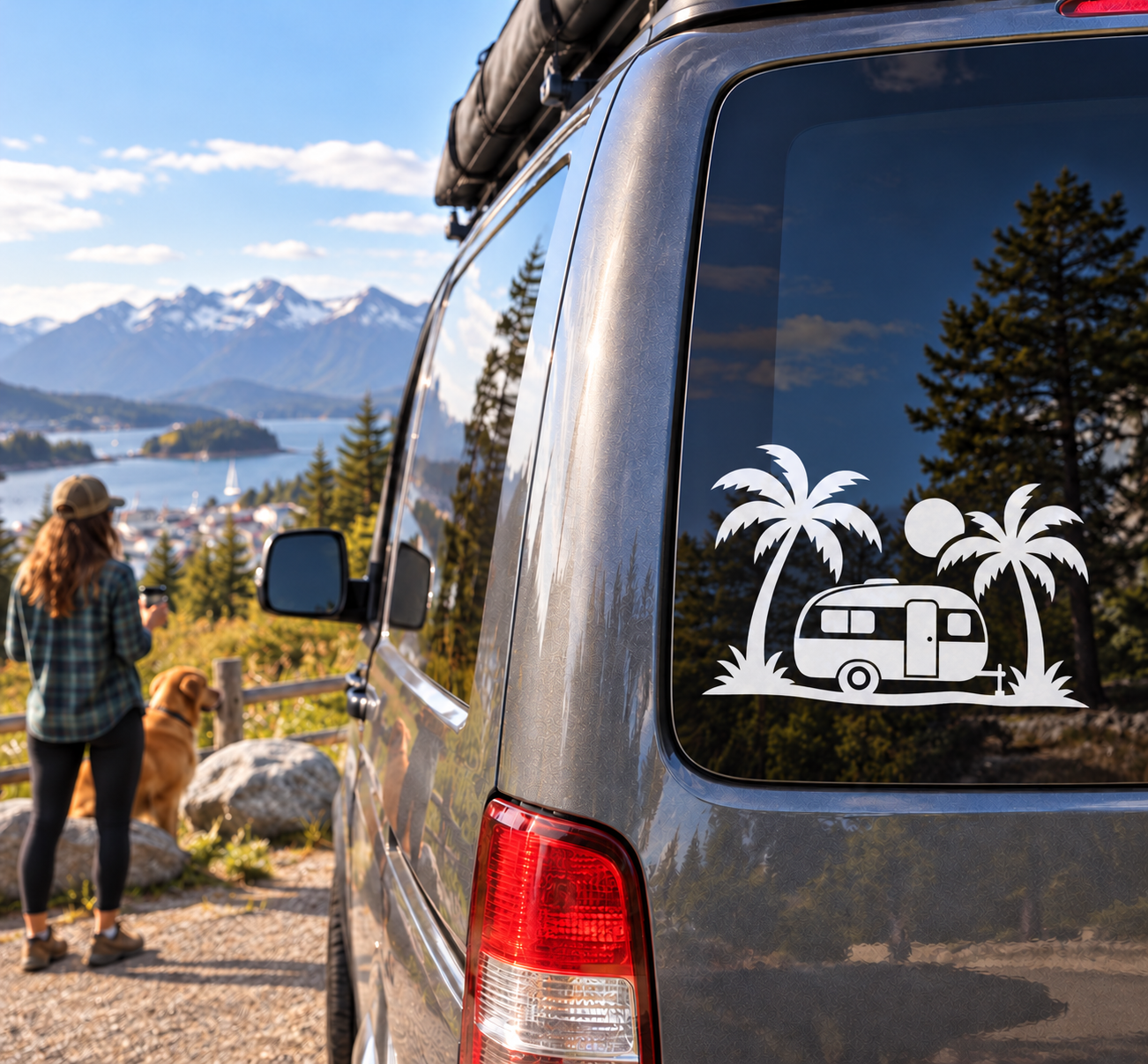 Palm Coast van vinyl decal with camper trailer, palm trees, and desert scene on rear window