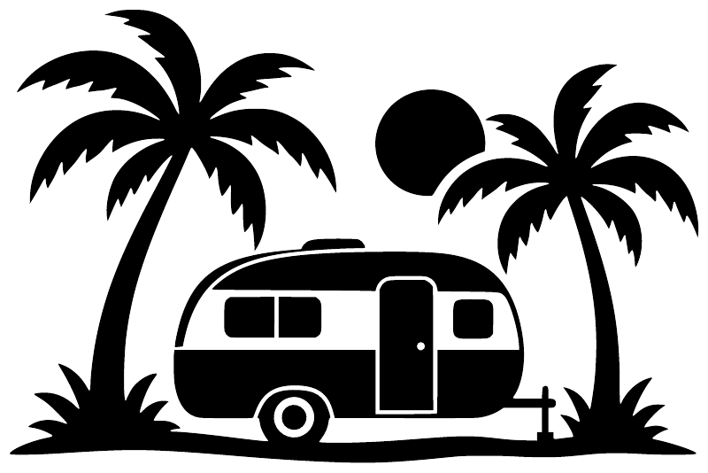 Palm Coast van vinyl decal graphic: black camper and palm trees with sun on white