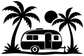 Palm Coast van vinyl decal graphic: black camper and palm trees with sun on white