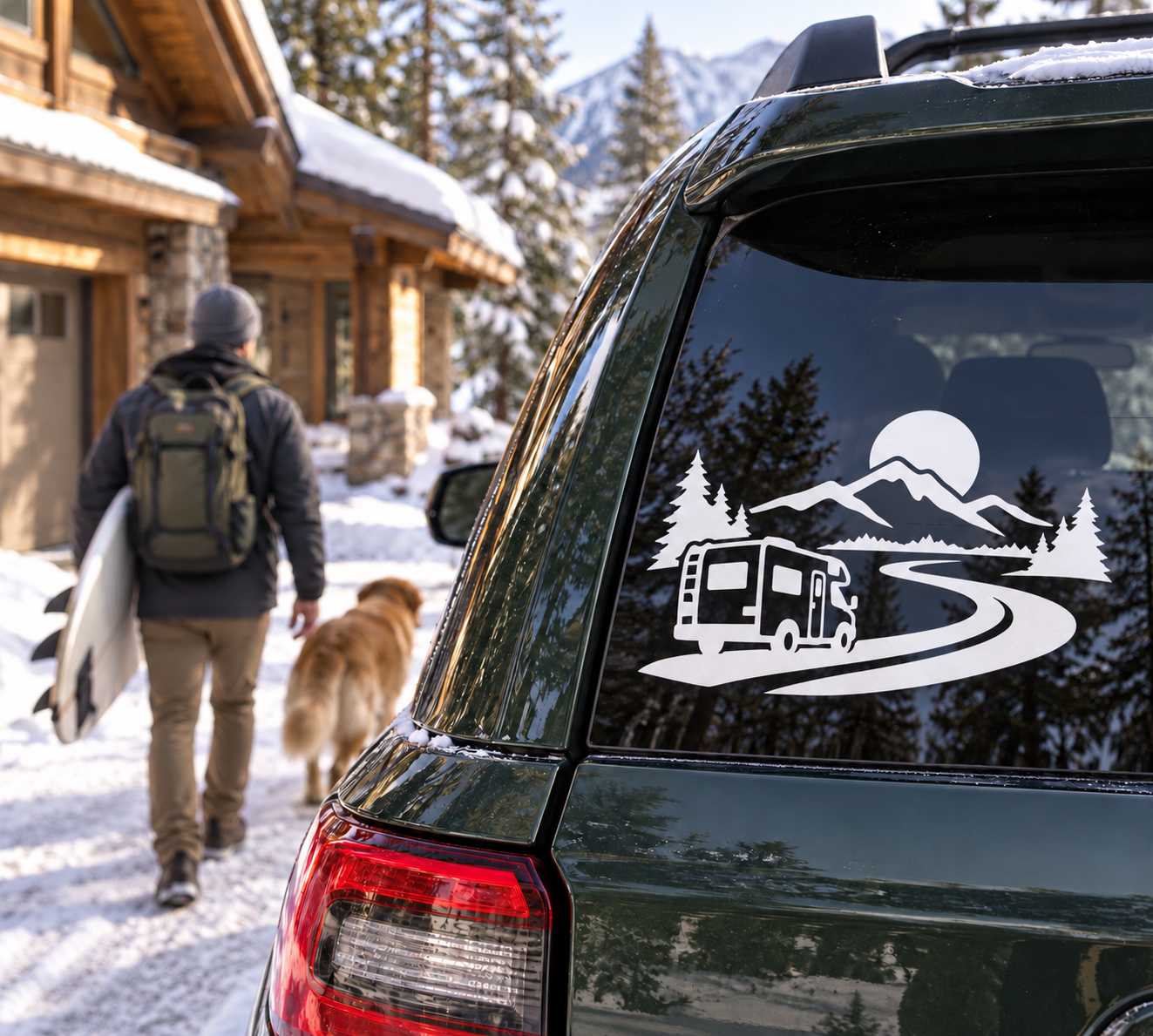 Camper van vinyl decal with winding road, mountains, and pine trees on the rear window