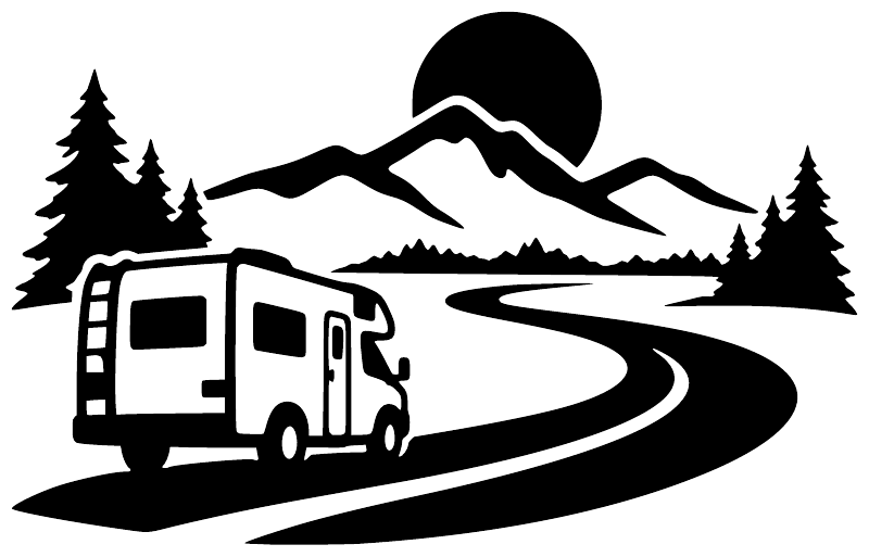 Winding road camper vinyl decal graphic with mountains, pine trees, and a camper van