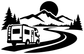 Winding road camper vinyl decal graphic with mountains, pine trees, and a camper van