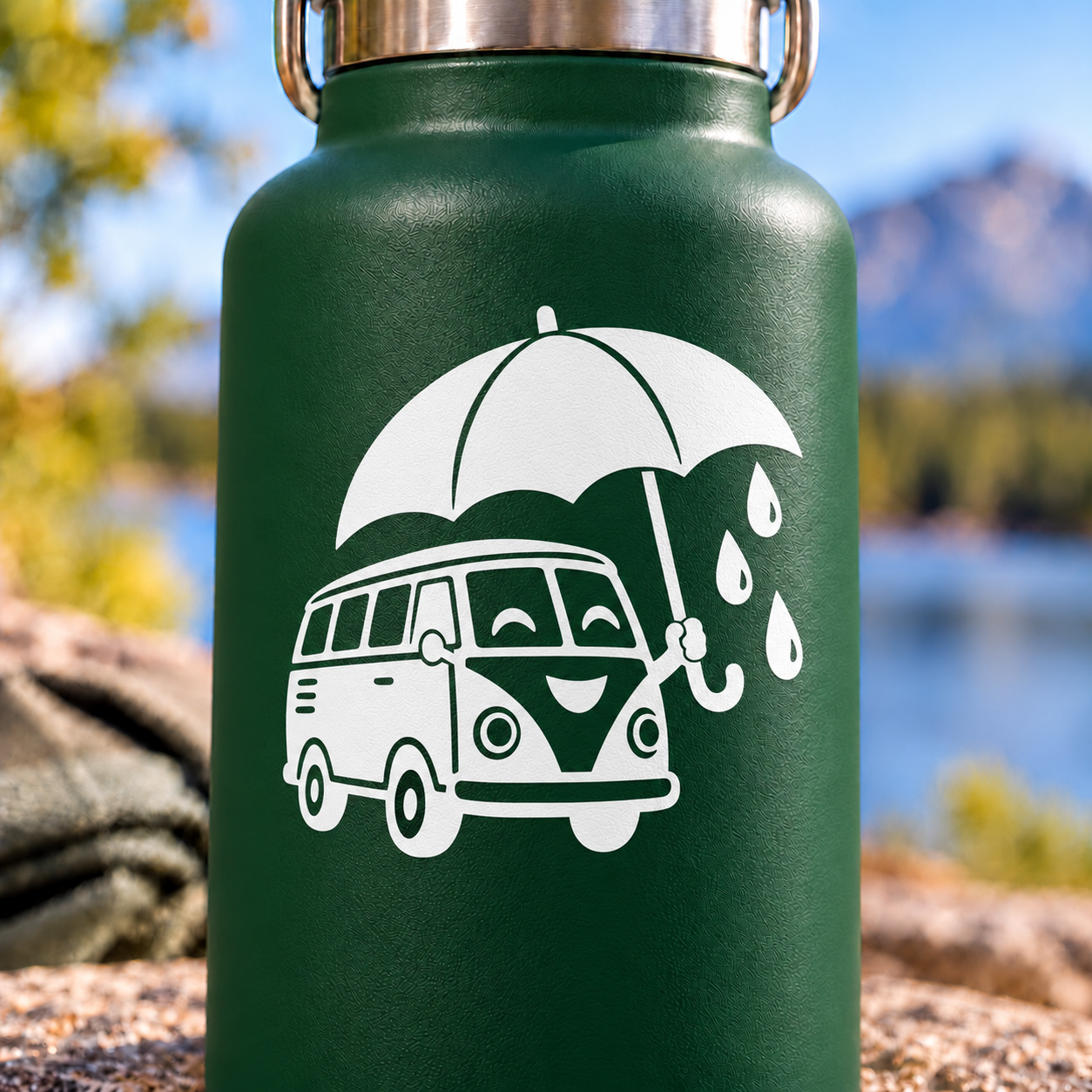 White umbrella, smiling camper van and raindrop vinyl decal