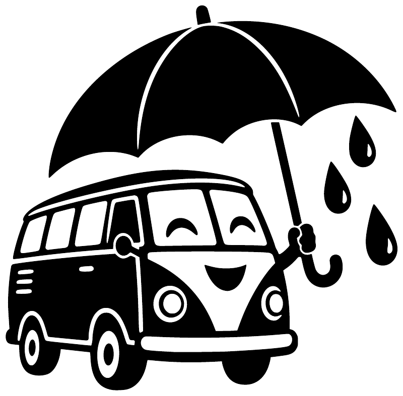 White umbrella over camper van with raindrops vinyl decal, black outline