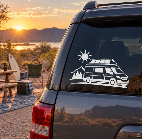 Off-grid solar van vinyl decal on dark van with sun, mountains, and camper van outline