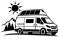 Off-grid solar van vinyl decal graphic: sun over mountains with camper van and roof rack