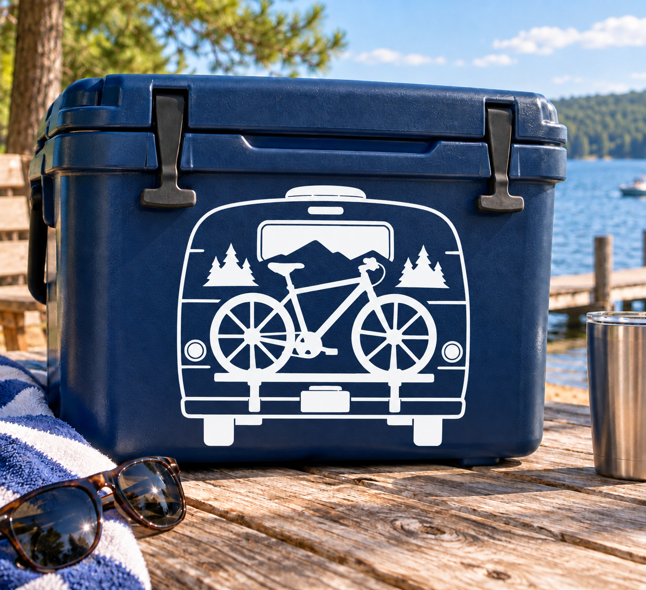 Bicycle van adventure vinyl decal with white outline bike, mountains, and trees inside a van