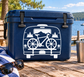 Bicycle van adventure vinyl decal with white outline bike, mountains, and trees inside a van