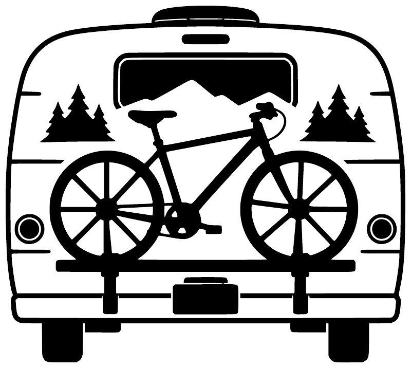 Bicycle van adventure vinyl decal outline in black: bike with mountains and pine trees