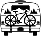 Bicycle van adventure vinyl decal outline in black: bike with mountains and pine trees