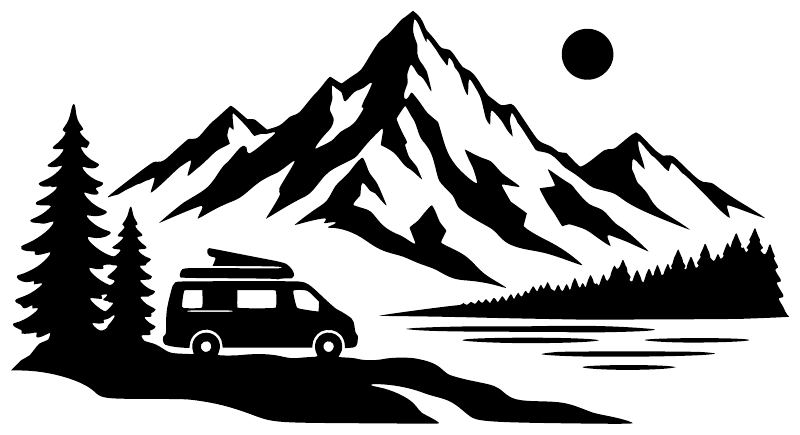 Vinyl decal artwork: black mountains, pine trees, and camper van on white background.