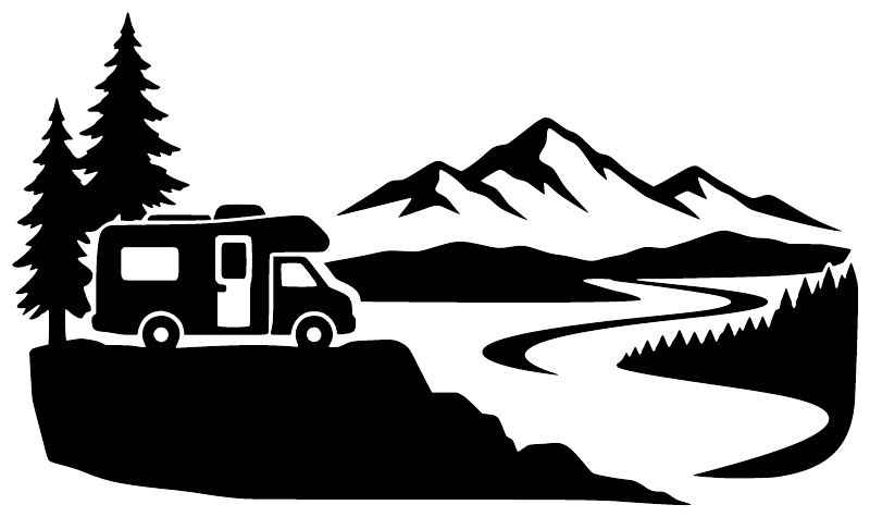Vinyl decal close-up: camper van with pine trees, mountains, and road under snow