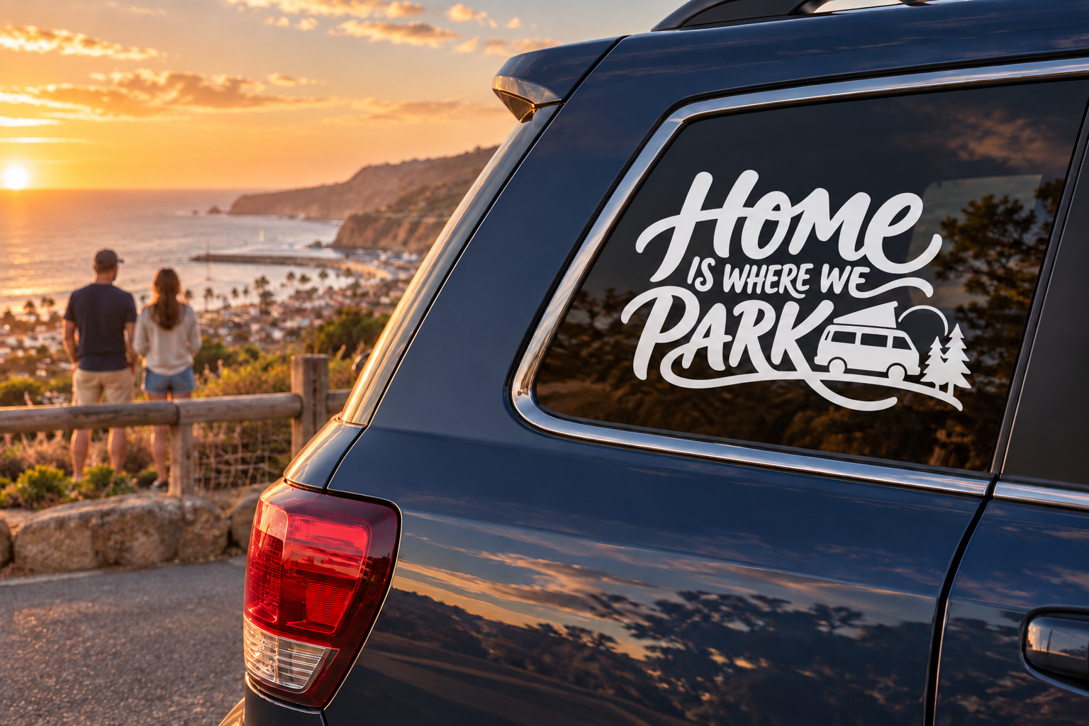 Vinyl decal: 'Home is where we park' with car and evergreen trees