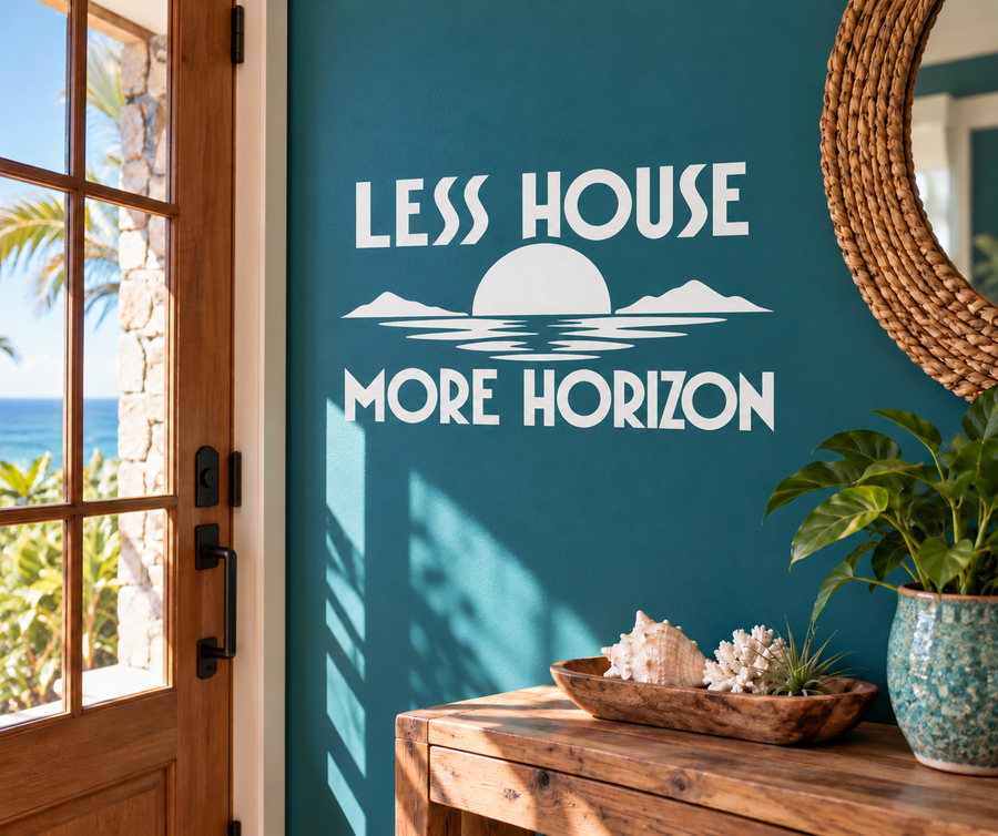 White vinyl decal text 'Less House More Horizon' with sun and wave lines